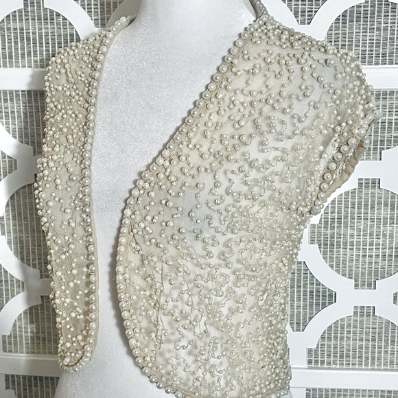 SHEER PEARL SHRUG BOLERO RETRO VINTAGE MARINA SMALL ILLUSION MESH LACE CREAM - Picture 9 of 16